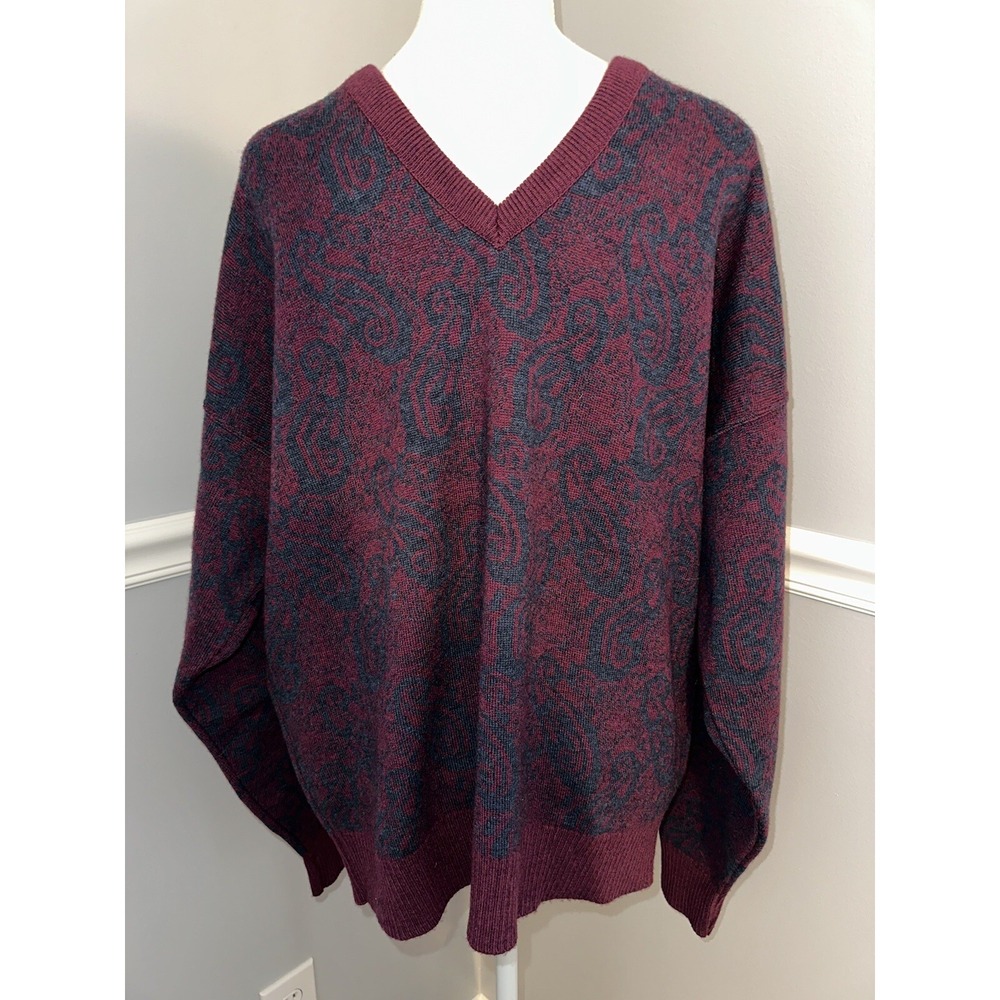 Lord Jeff Cashwool Sweater XL 100% Merino Wool Knit V Neck Super 80s Paisley